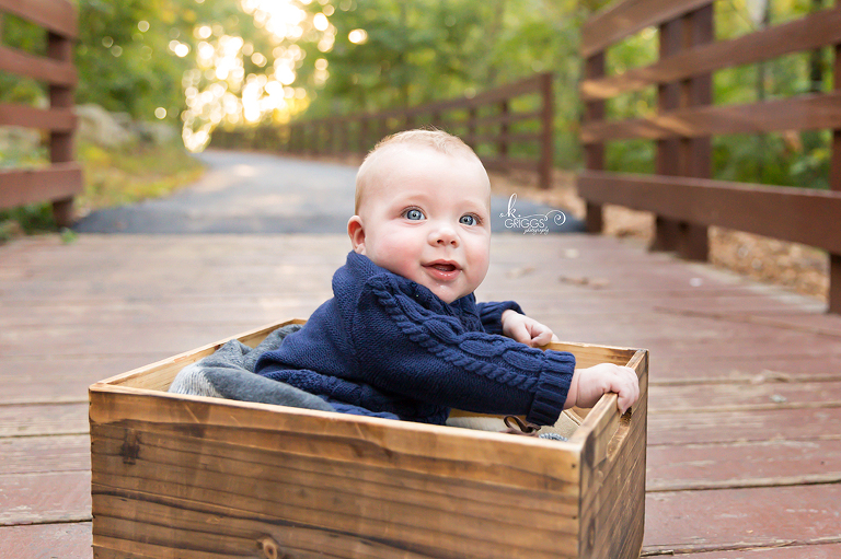Infant boy sitting in crate Longview Farm Park | St. Louis Family Photographer