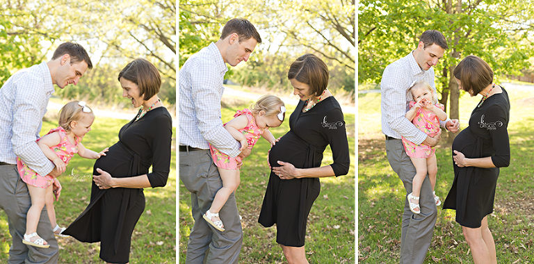 Family of 3 looking at mom's pregnant belly | St. Louis Photographers
