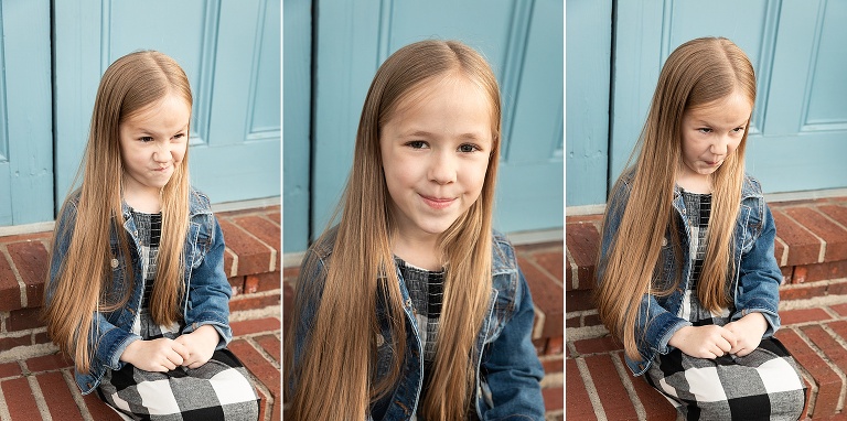 Three photos of young girl sitting on brick steps | KGriggs Photography
