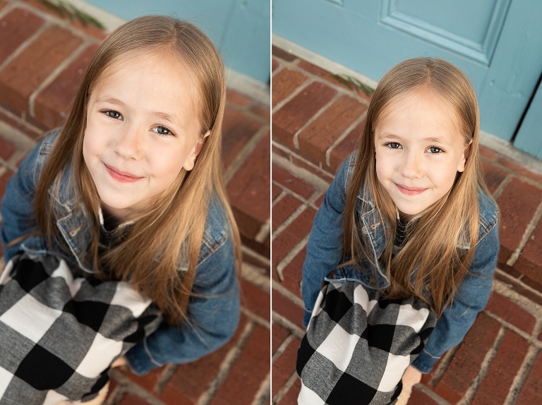 Two photos of young girl sitting on brick steps | KGriggs Photography