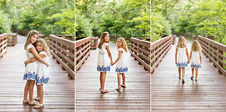 Three photos of sisters on a bridge | St. Louis Family Photos