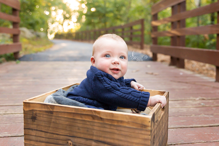 Infant boy sitting in crate Longview Farm Park | St. Louis Family Photographer