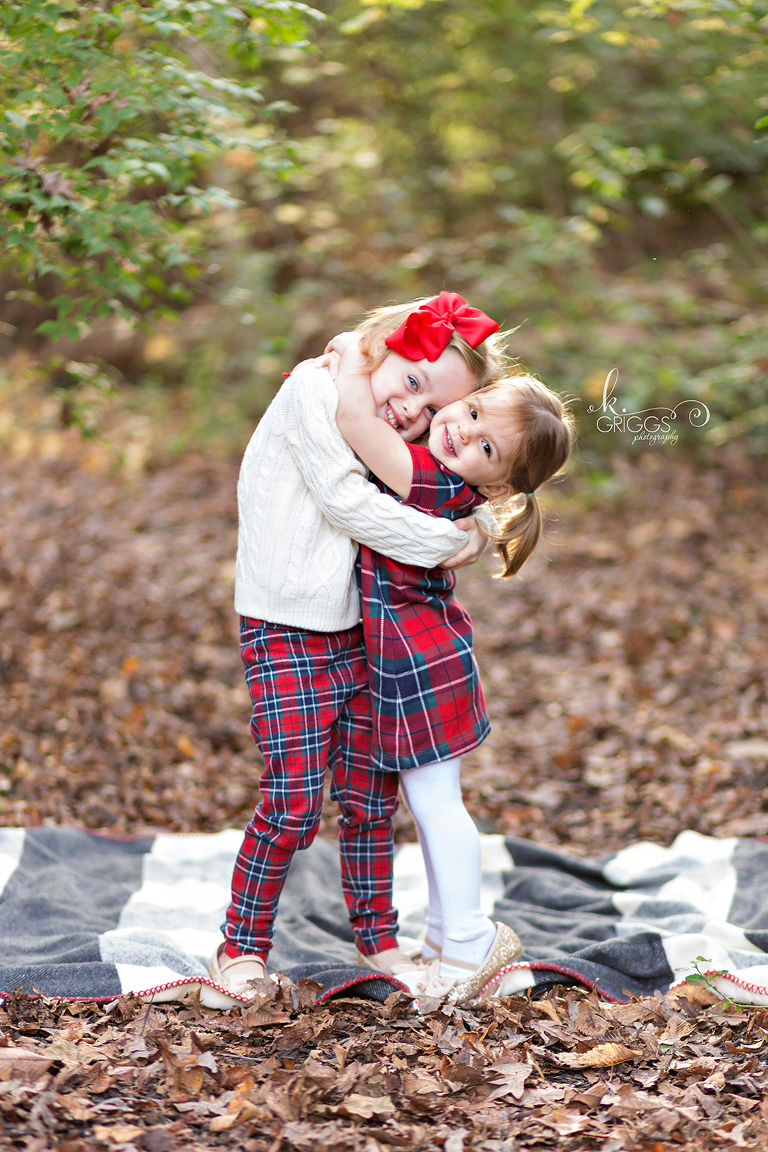 Young sisters hugging in a park on fall day | St. Louis Family Photographer