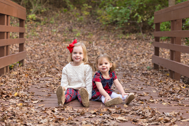 Young sisters sitting on bridge in park | St. Louis Photography