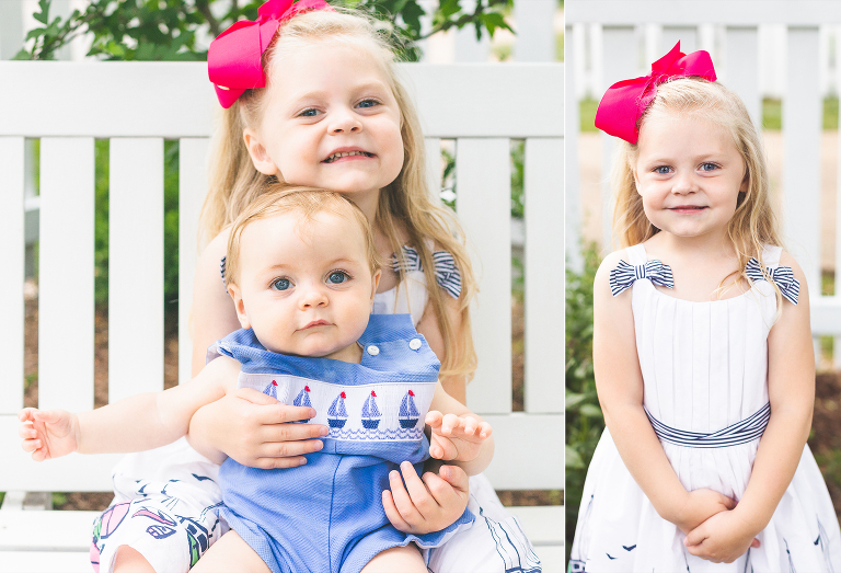 Big sister and little brother sitting together on white bench | St. Louis Photographer