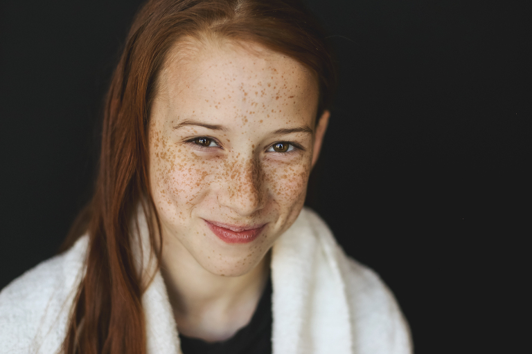 Sweet girl with red hair and freckles school photo | St. Louis Photographer