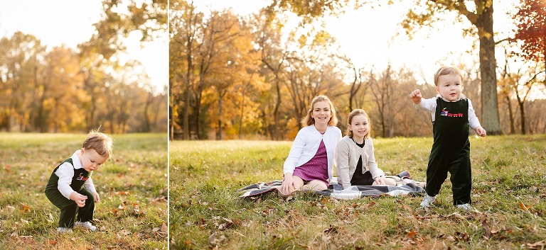 Sisters sitting on blanket watching baby brother play | St. Louis Family Photography