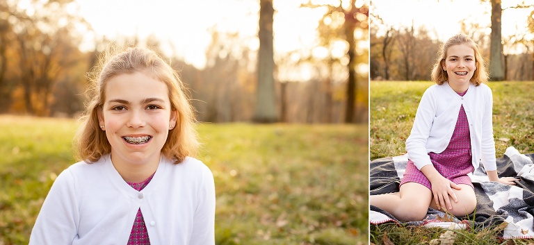 Lovely tween girl sitting on blanket smiling at camera | St. Louis Children's Photographer