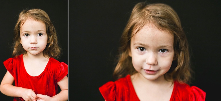 School photo of young girl wearing red shirt with ruffle sleeves | KGriggs Photography
