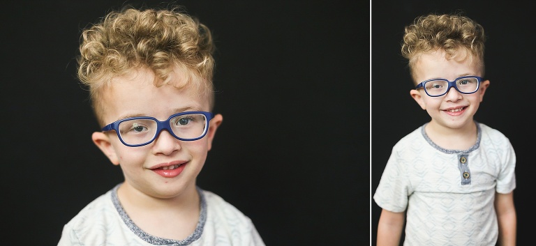 School Photo of young boy with blue rimmed glasses and blonde curly hair | KGriggs Photography
