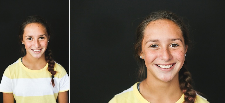 School photo of teen girl with brown hair in braid and yellow striped shirt | KGriggs Photography
