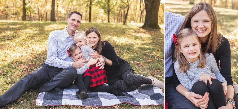 Family of four sitting on black & white blanket | St. Louis Family Photography