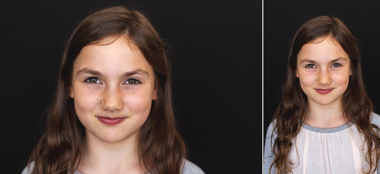2 school photos of tween girl with dark brown hair | St. Louis School Photography
