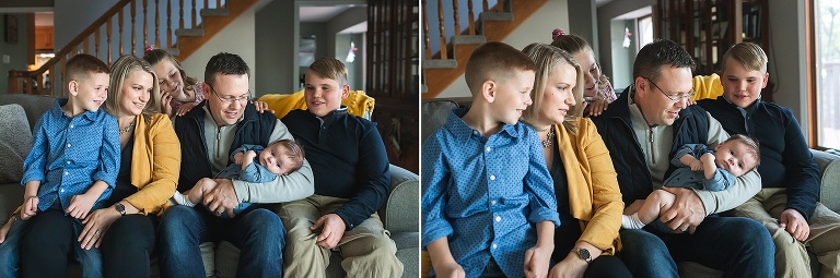 Family of six sitting on couch admiring new baby boy | KGriggs Photography