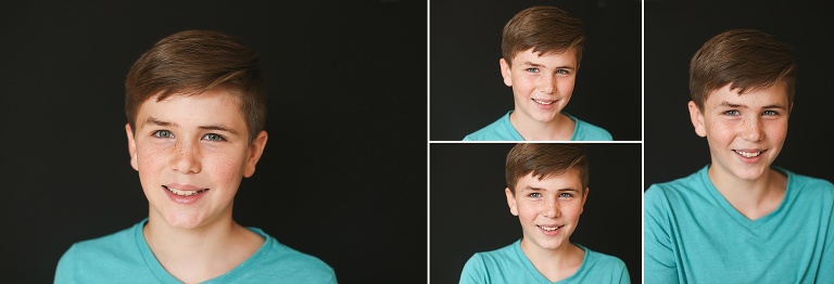 Four Photos of tween boy getting school photos taken | KGriggs Photography