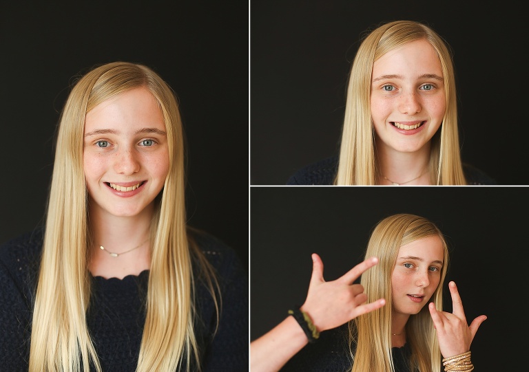 Three photos of teen girl with blonde hair smiling at camera | KGriggs Photography